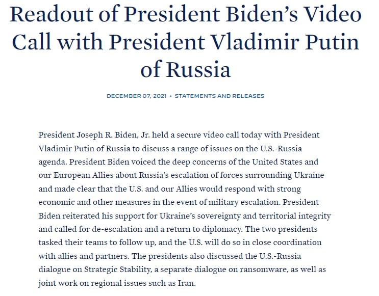 У Білому домі повідомили подробиці переговорів Байдена з Путіним